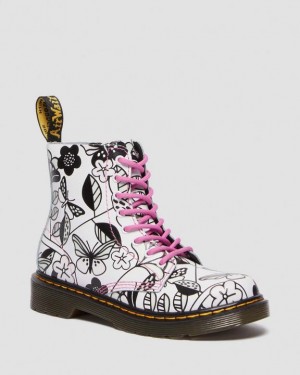 Dr Martens Junior 1460 Meadow Print Nahkaiset Pitsi Up Lasten Saappaat Valkoinen | Suomi_Dr96553