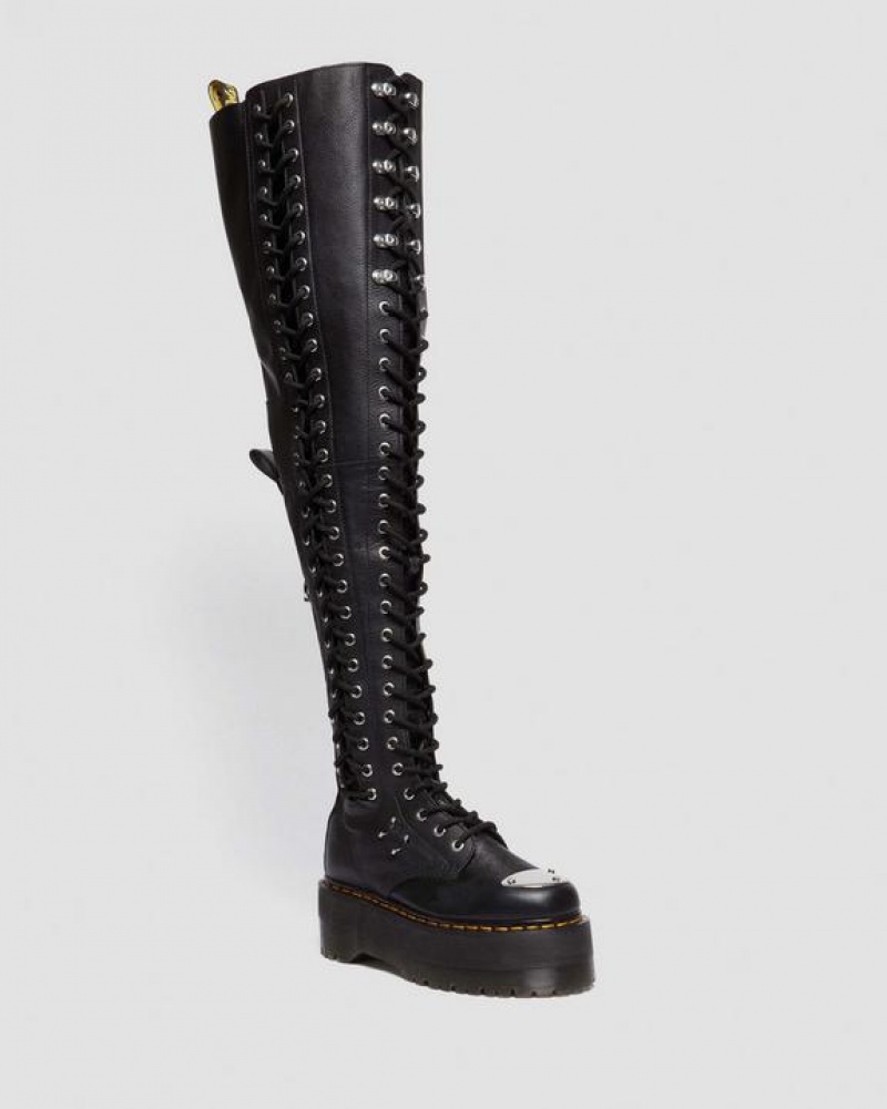 Dr Martens 28-Eye Extreme Max Virginia Nahkaiset Knee High Naisten Saappaat Mustat | Suomi_Dr67603