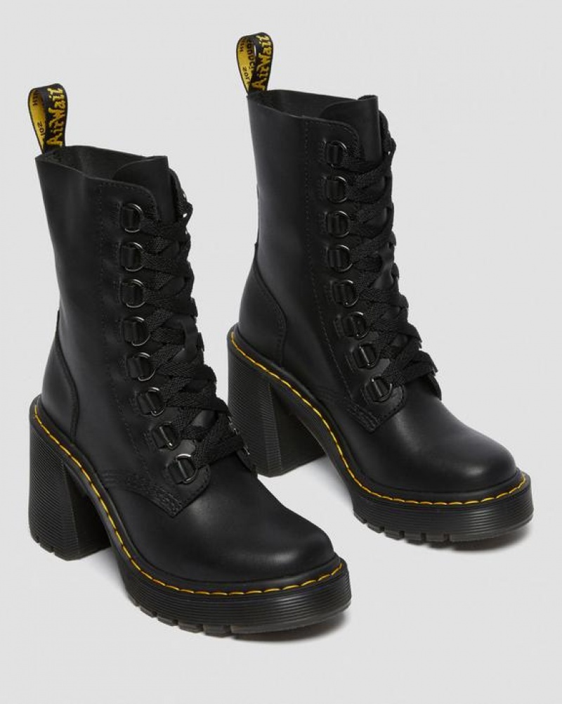 Dr Martens Chesney Nahkaiset Flared Heel Pitsi Up Naisten Saappaat Mustat | Suomi_Dr29076