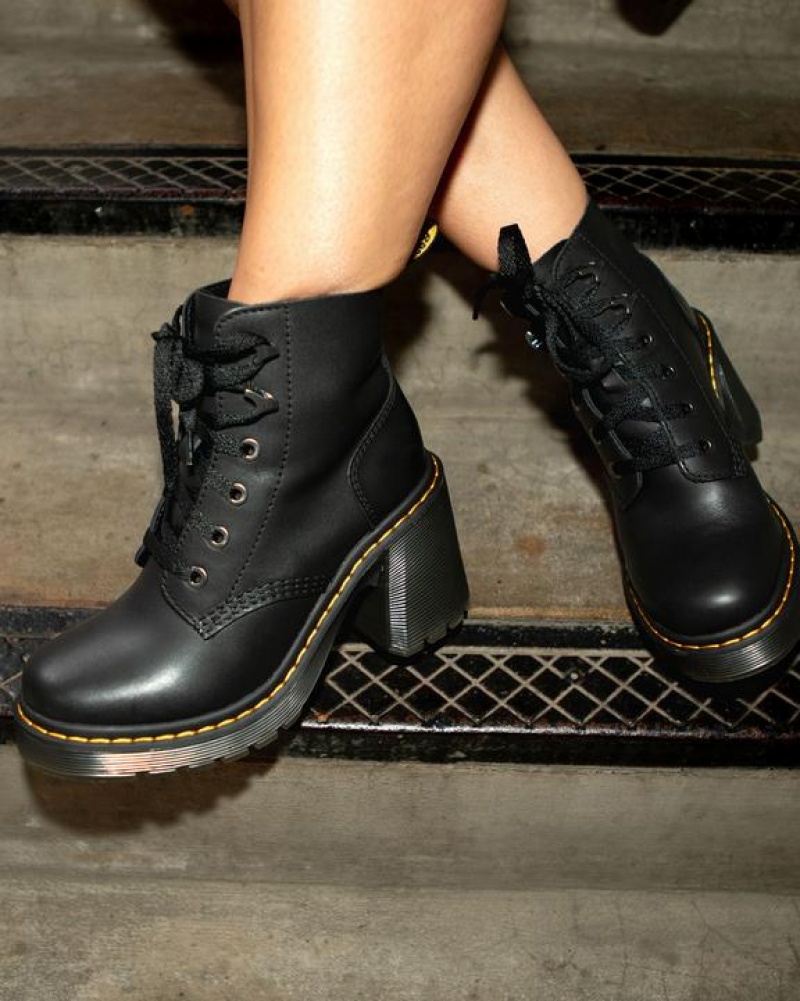 Dr Martens Jesy Sendal Nahkaiset Pitsi Up Flared Heel Naisten Saappaat Mustat | Suomi_Dr31117