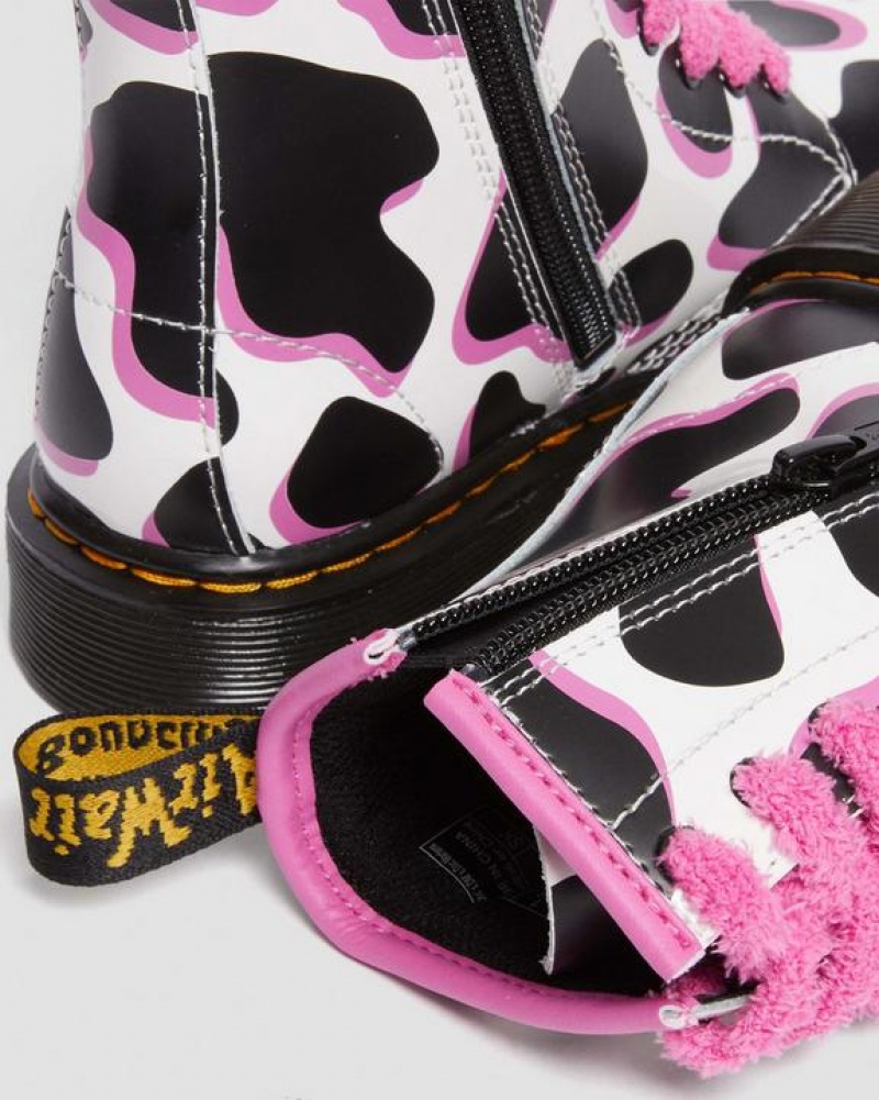 Dr Martens Junior 1460 Cow Print Kiiltonahka Nahkaiset Pitsi Up Lasten Saappaat Valkoinen | Suomi_Dr42426