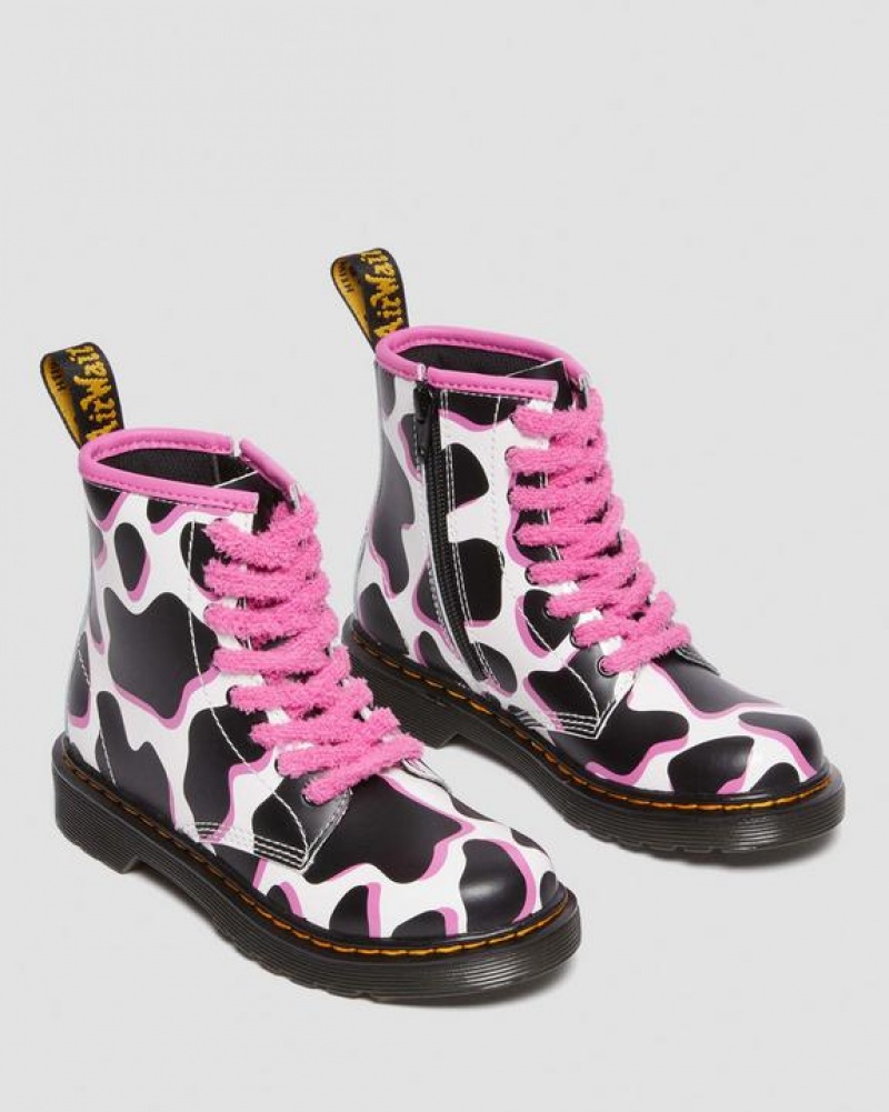 Dr Martens Junior 1460 Cow Print Kiiltonahka Nahkaiset Pitsi Up Lasten Saappaat Valkoinen | Suomi_Dr42426