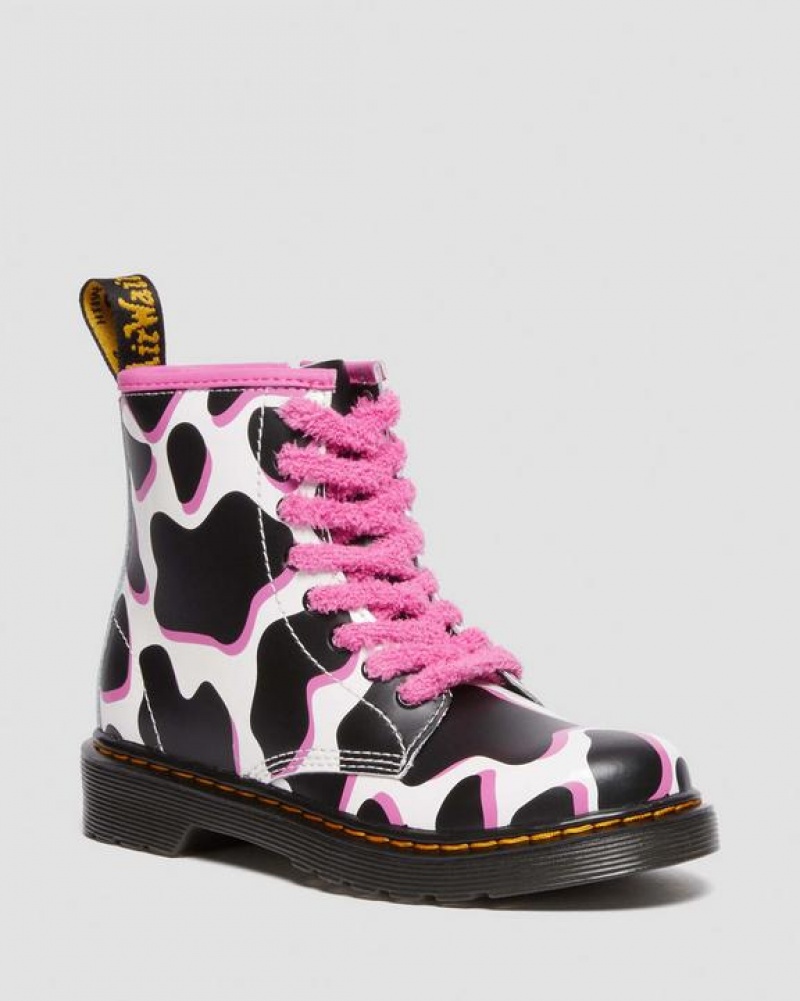 Dr Martens Junior 1460 Cow Print Kiiltonahka Nahkaiset Pitsi Up Lasten Saappaat Valkoinen | Suomi_Dr42426