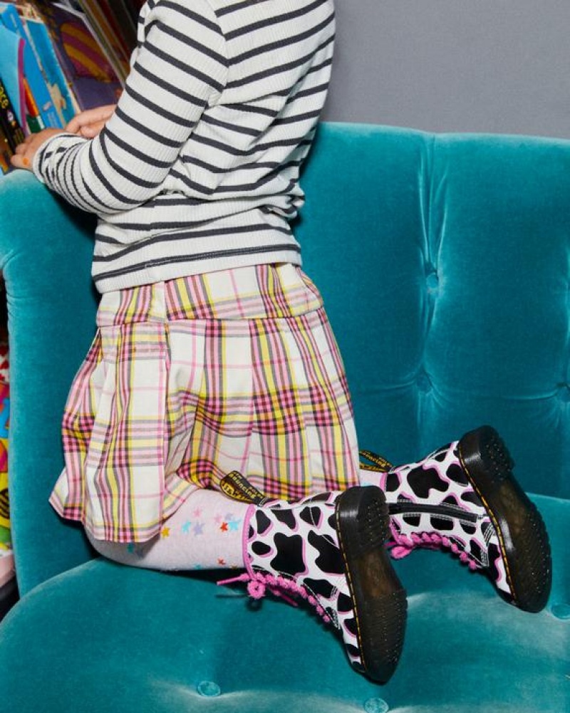 Dr Martens Toddler 1460 Cow Print Kiiltonahka Nahkaiset Pitsi Up Lasten Saappaat Valkoinen | Suomi_Dr27972