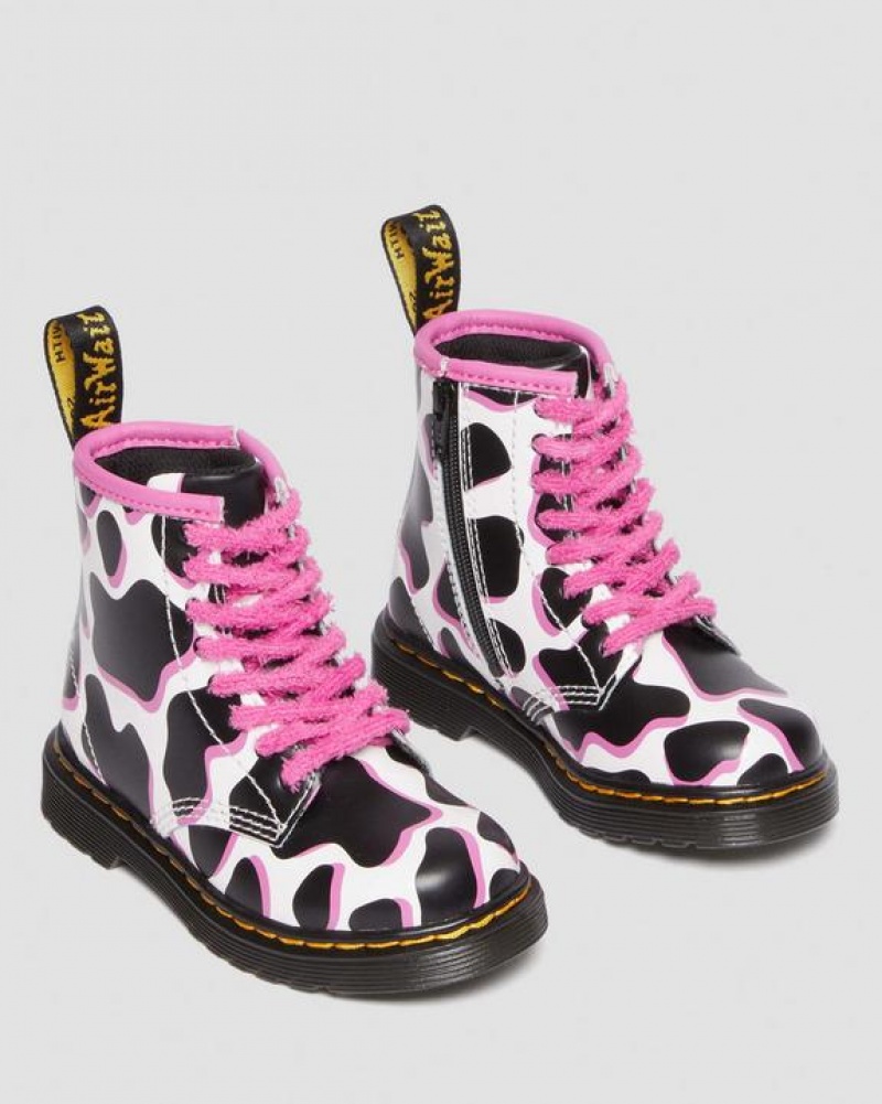 Dr Martens Toddler 1460 Cow Print Kiiltonahka Nahkaiset Pitsi Up Lasten Saappaat Valkoinen | Suomi_Dr27972