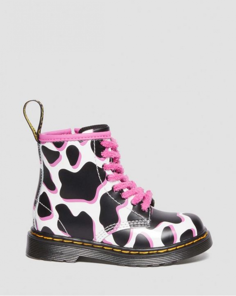 Dr Martens Toddler 1460 Cow Print Kiiltonahka Nahkaiset Pitsi Up Lasten Saappaat Valkoinen | Suomi_Dr27972