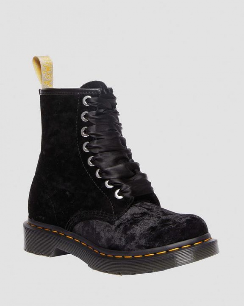 Dr Martens Vegaaniset 1460 Women's Crushed Velvet Pitsi Up Naisten Saappaat Mustat | Suomi_Dr77641